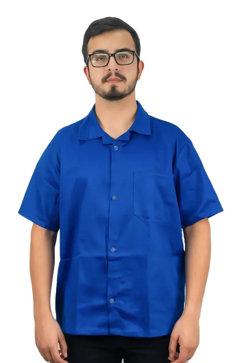 Uniforme Profissional Jaleco Azul de Sarja Manga Curta Com Bolso