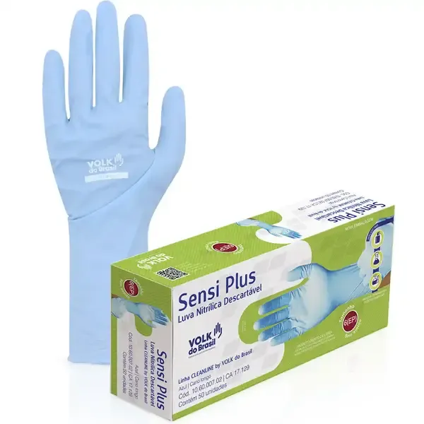 Luva Nitrílica Azul sem Talco Sensi Plus Volk Cano Longo Caixa 50 Unidades  CA 47448