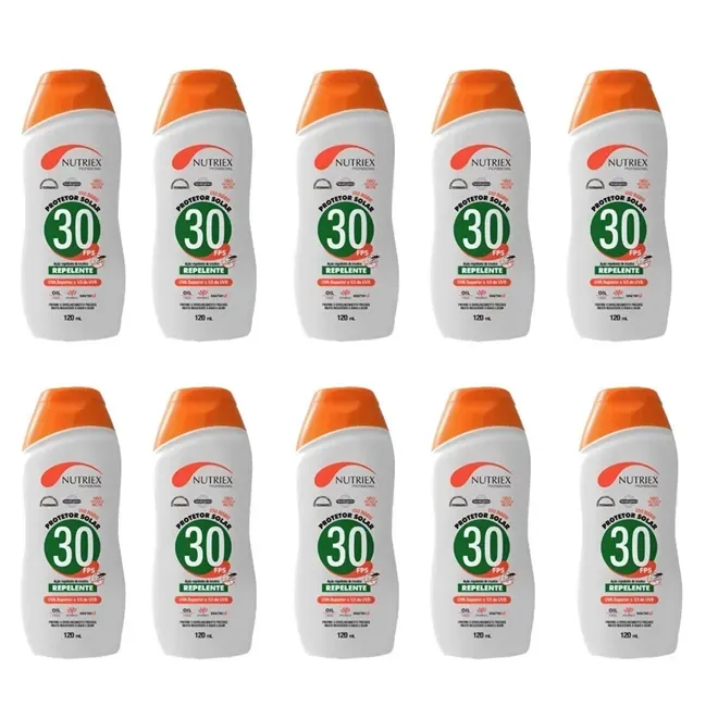 Protetor Solar com Repelente FPS 30 1/3 UVA Nutriex 120ml Caixa Com 10