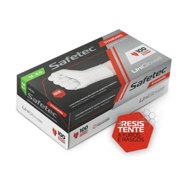 Luva de Látex Com Talco Uniglove Safetec Punho Alongado Caixa com 100 Unidades CA 40954