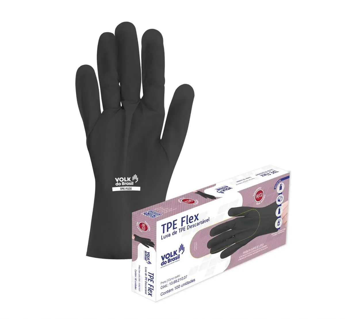 Luva Termoplástica TPE Flex Volk Preta Ambidestra Descartável 100 Unidades