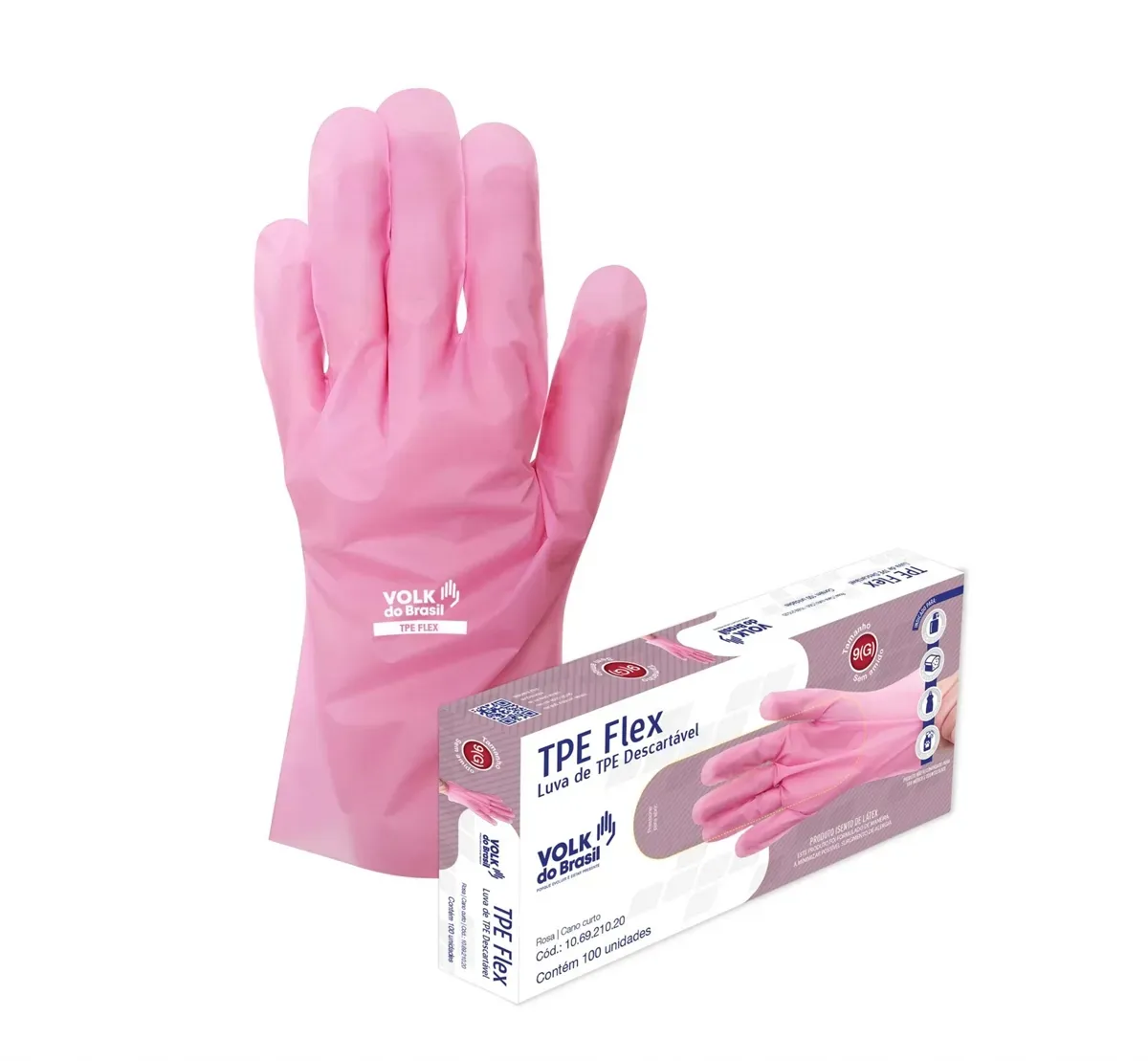 Luva Termoplástica TPE Flex Volk Rosa Ambidestra Descartável 100 Unidades