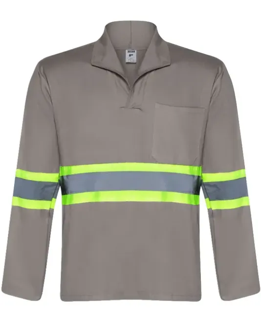 Camisa Manga Longa com Gola Italiana Confeccionada em Brim Cinza com Refletivo e Bolso