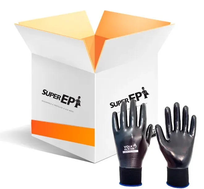 Luva Nitril Full Smart Volk em Fibras Sintéticas com Nitrila Lisa Preta CA 46787 - Caixa com 12 Pares