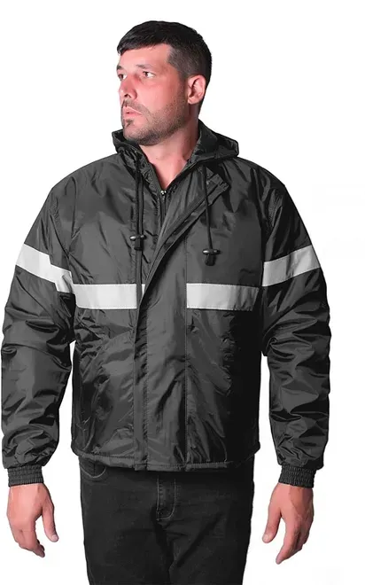 Japona Operacional Preta Ventilada Vértice Com Capuz e Refletivo em Nylon Emborrachado Impermeável, Térmica 2 bolsos Frontais   CA 28729