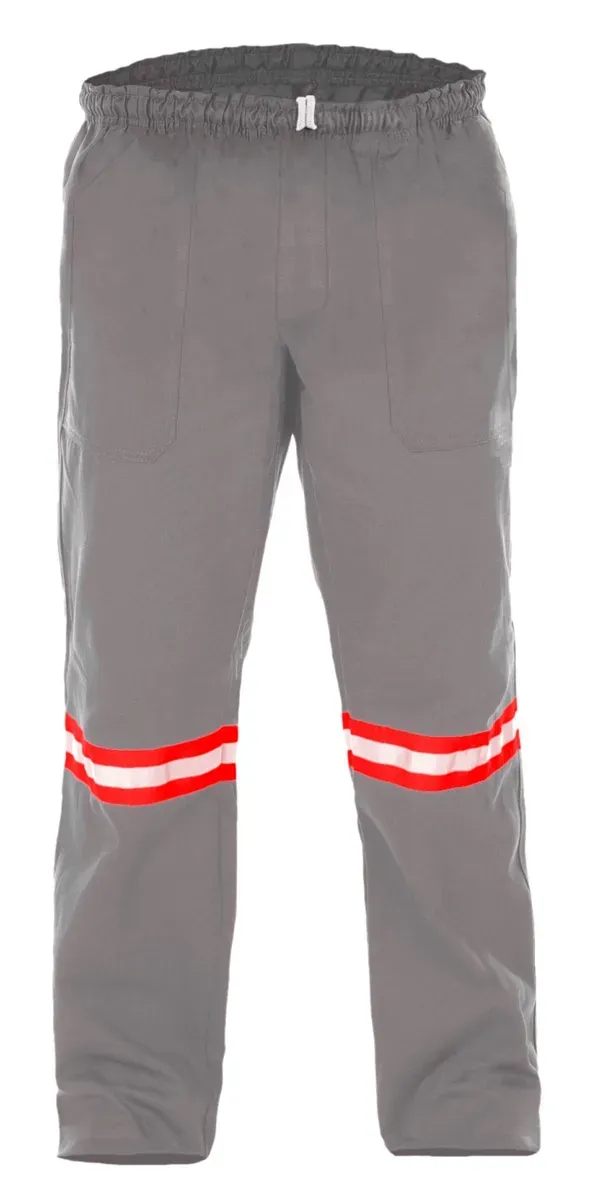 Calça Operacional em Brim Cinza Proteção Solar UV50+ Commanders com Faixas Refletivas Laranja e Prata, Cintura Elástica e Bolso