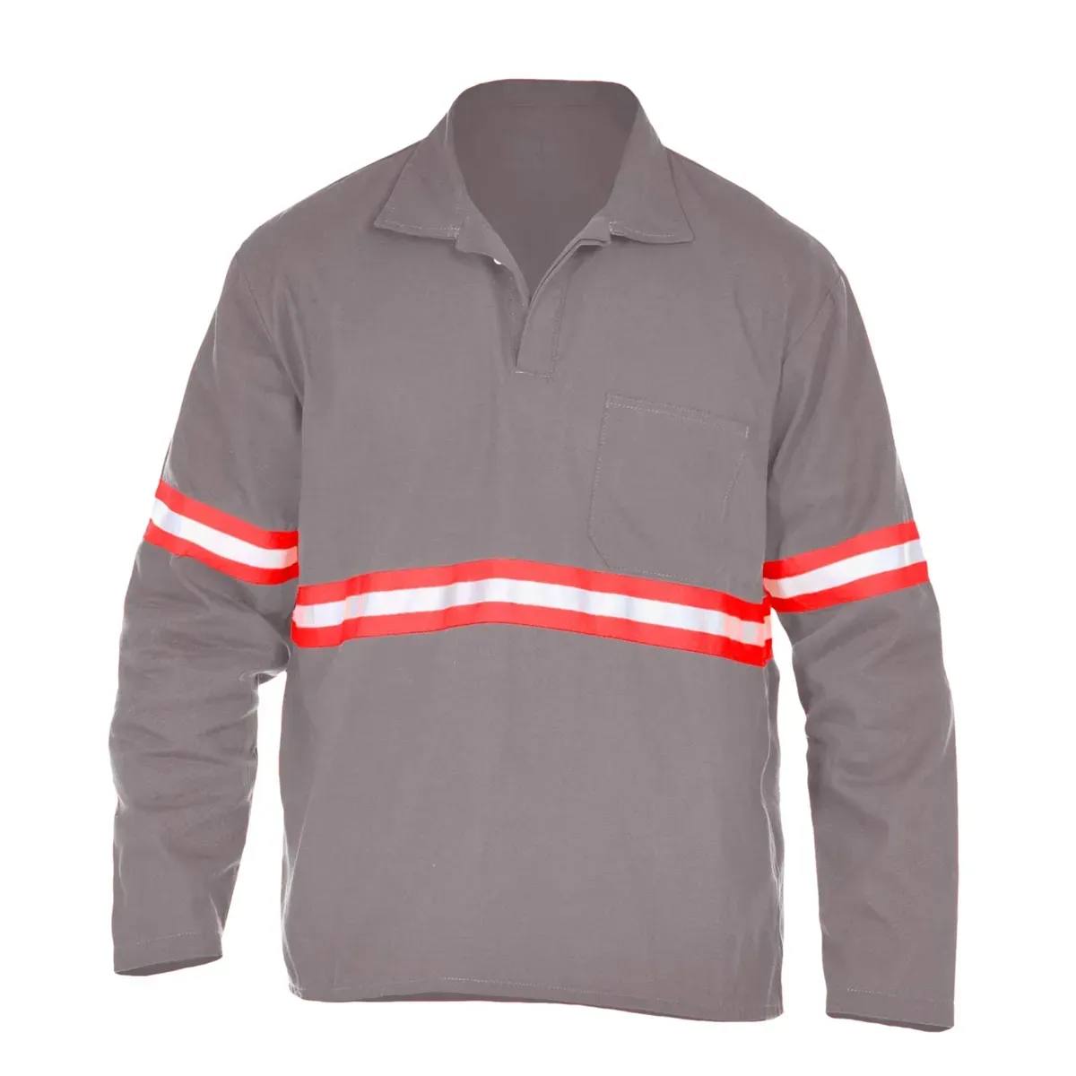 Camisa Operacional Proteção Solar UV50+ Commanders Manga Longa com Gola Italiana Confeccionada em Brim Cinza com Refletivo Laranja e Prata e Bolso