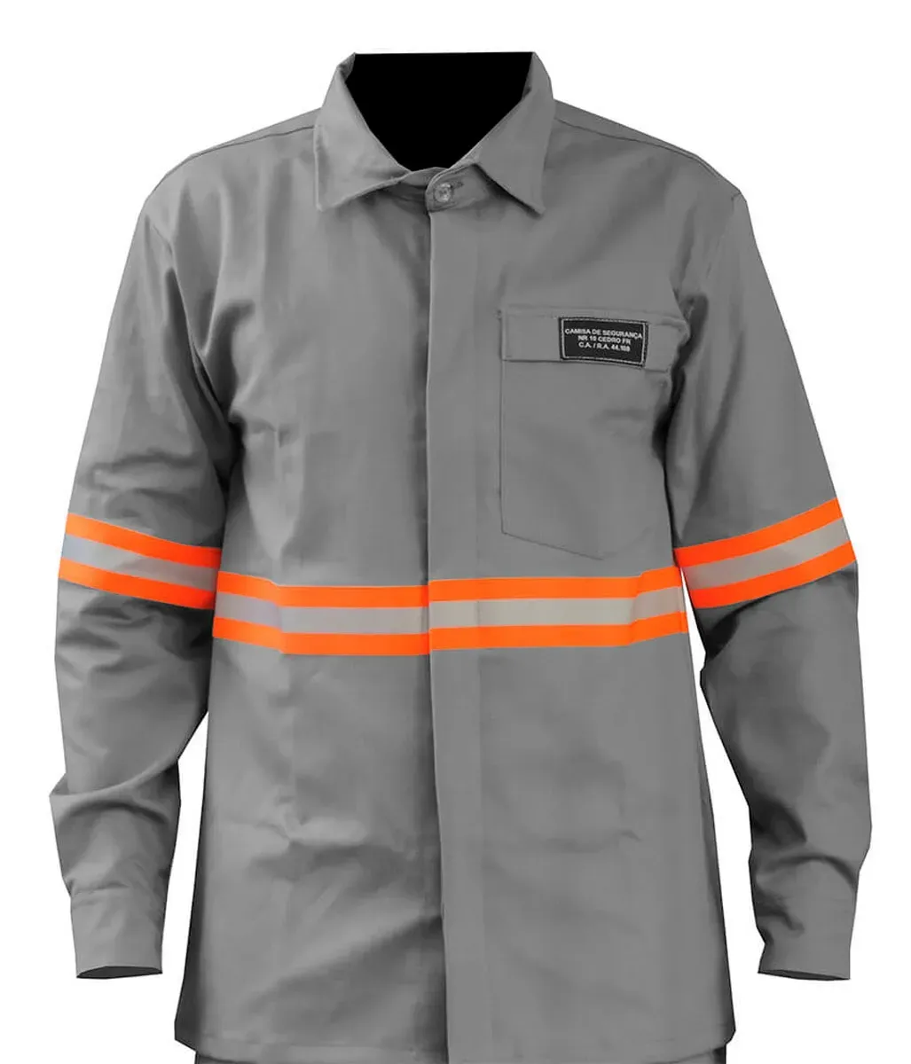 Camisa NR10 Cinza Risco 2 ATPV 11 Maicol Para Arco Elétrico Refletivo Laranja, com Bolso CA 44108