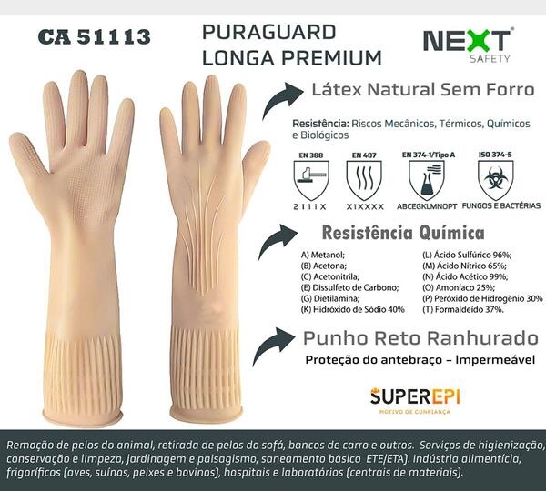 Luva De Látex Ranhurada Next Safety Puraguard Longa Linha Premium 12.000 CA -51113 Caixa Com 5 Pares