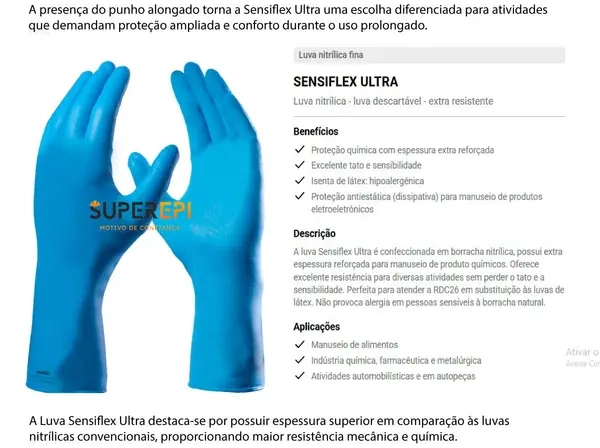 Luva Nitrílica Sensiflex Ultra 29cm Caixa 50 Unidades Mais Resistente e Cano Longo CA 42711