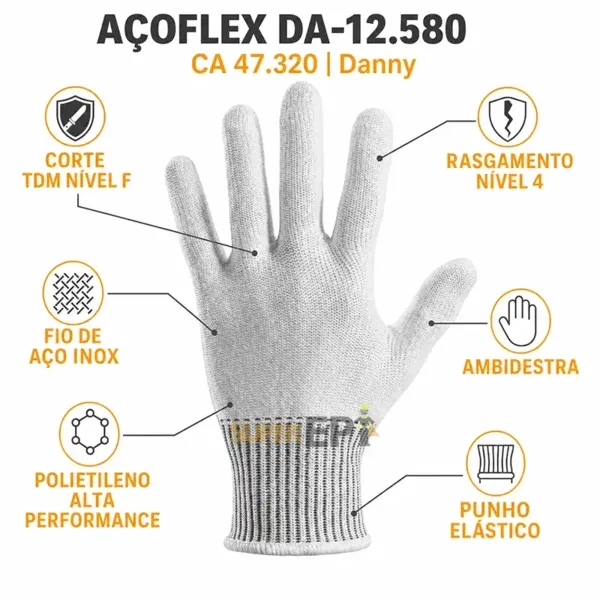 Luva Açoflex Danny Anticorte Nível F Polietileno e Fio de Aço Ambidestra Proteção Mecânica EN 388 3342F Corte TDM CA 47320 Ref DA-12.580