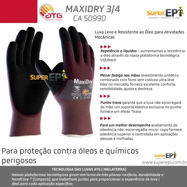 Luva de Proteção Atg Maxidry 3/4 Contra óleos, graxas e Produtos químicos Perigosos CA 50990