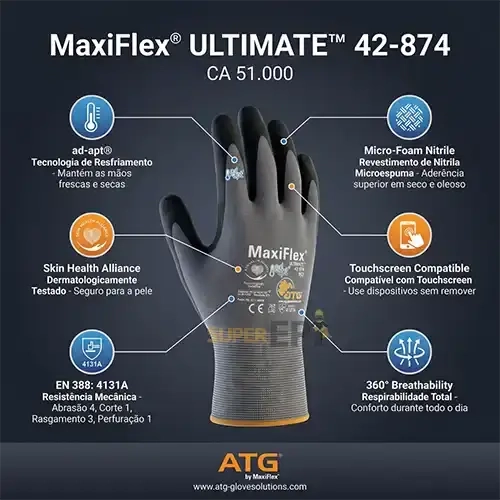 Luva de Segurança para Tato ATG  MaxiFlex Ultimate Ad-Apt Código 82100 CA 51000