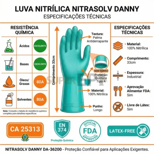 Luva Nitrílica Danny Nitrasolv Sem Forro Verde 33cm CA 25.313 - Química e Alimentos