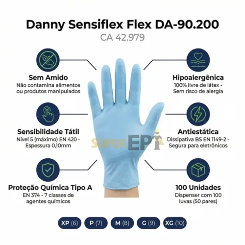 Luva Nitrílica Sensiflex Flex Danny CX/100 DA-90200-A CA 42979
