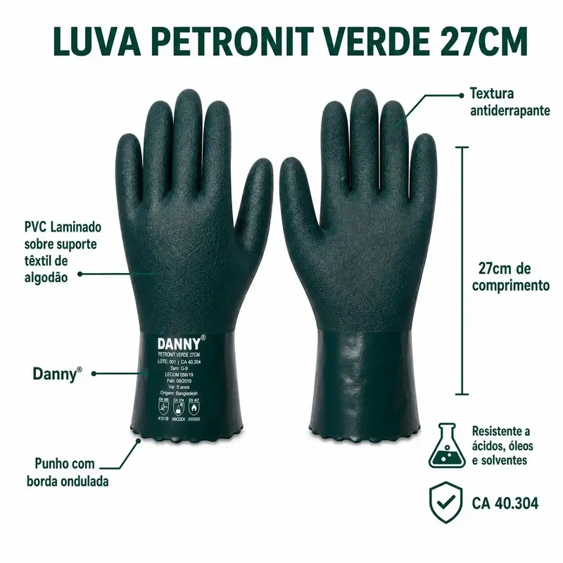 Luva Petronit Danny PVC Verde 27cm DA-12.210D-VD Proteção Química Mecânica e Térmica Tipo A CA 40304