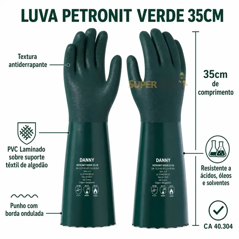 Luva Petronit Danny PVC Verde 35cm DA-12.214D-VD Proteção Química Mecânica e Térmica Tipo A CA 40304