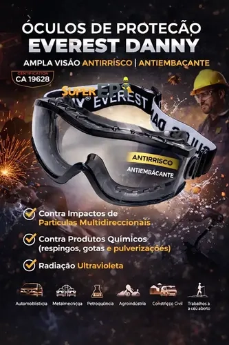 Óculos de Proteção EVEREST SteelPro Danny Ampla Visão Antiembaçante CA 19628