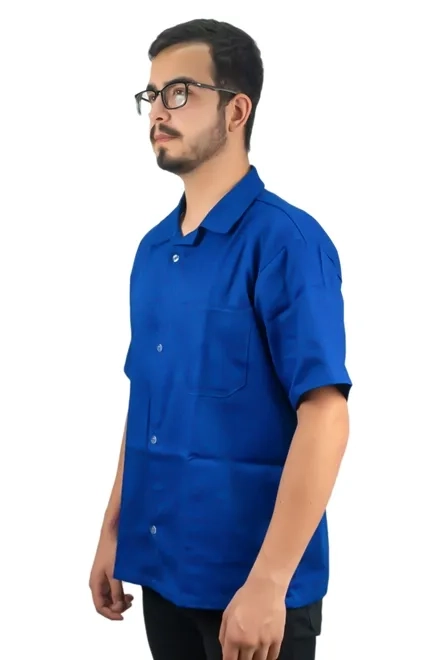 Uniforme Profissional Jaleco Azul de Sarja Manga Curta Com Bolso