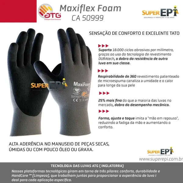 Luva Atg Maxiflex MaxiFoam Lite Atg  Alta Precisão, Respirabilidade e Menor Fadiga das Mãos CA 50999