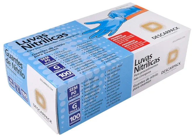 Luva Nitrílica Azul Sem Talco Descarpack Caixa Com 100 Unidades CA 43653