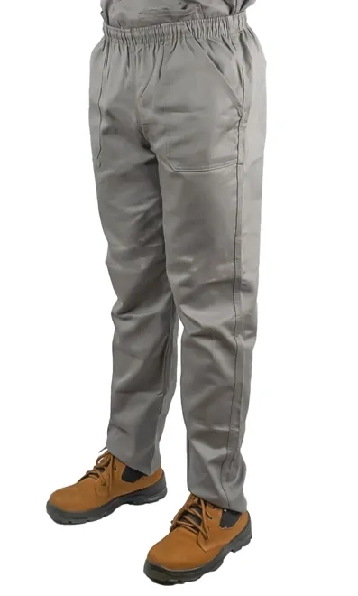 Calça de Sarja Cinza Com Cintura Elástica e Bolso
