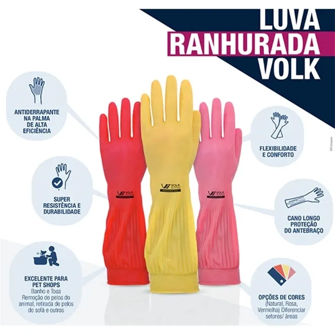 Luva de Látex Longa Rosa Ranhurada 40 CM Volk CA 36368