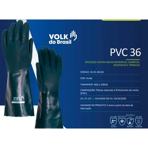 Luva PVC 46cm Volk Verde com Forro – Proteção Química e Mêcanica  Pesada CA 37127