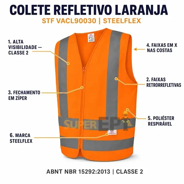 Colete Refletivo Steelflex Sem Bolso Laranja Fluorescente NBR 15292 Classe 2 STF VACL90030