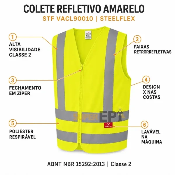 Colete Refletivo Steelflex Sem Bolso Amarelo Fluorescente Alta Visibilidade NBR 15292 Classe 2 Faixas Retrorrefletivas Zíper 100% Poliéster STF VACL90010 Linha Performance