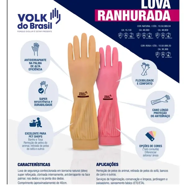 Luva de Látex Longa Ranhurada 40 CM Volk Super Resistente CA 15100