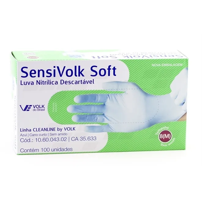 Luva Sensivolk Volk Sensi Soft Azul Nitrílica Descartável Sem Talco  Caixa 100 Unidades CA 35633