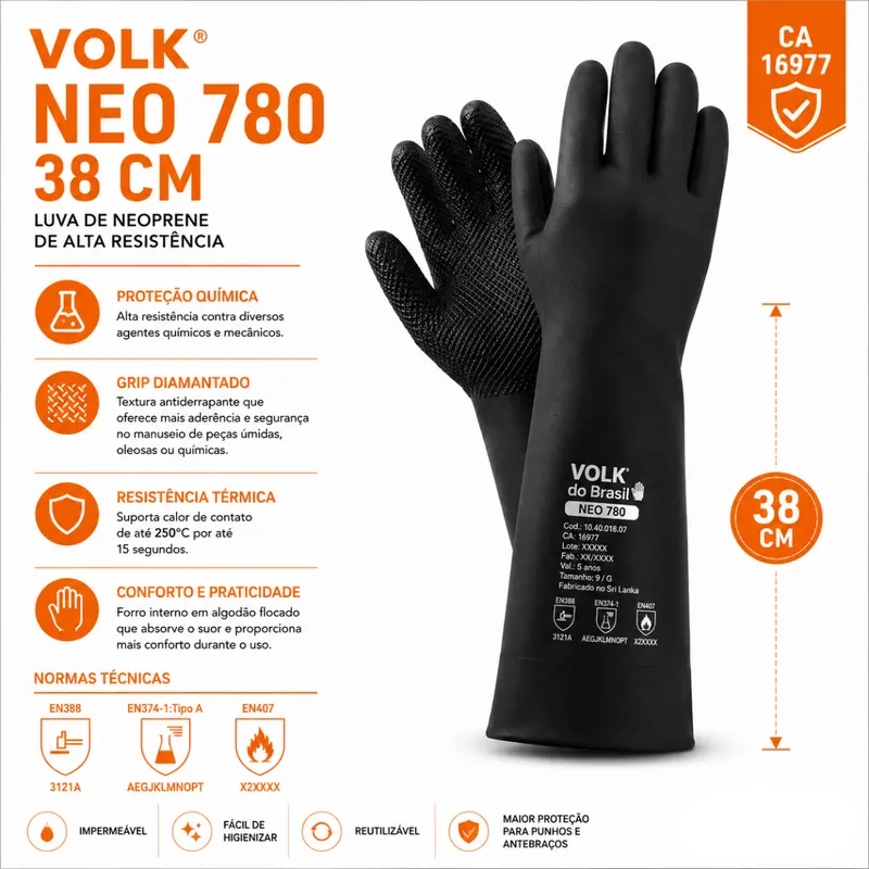 Luva Volk NEO 780 10.40.018.07 Neoprene Química Tipo A Nível Máximo, Biológica, Térmica e Impermeável Preta CA 16977