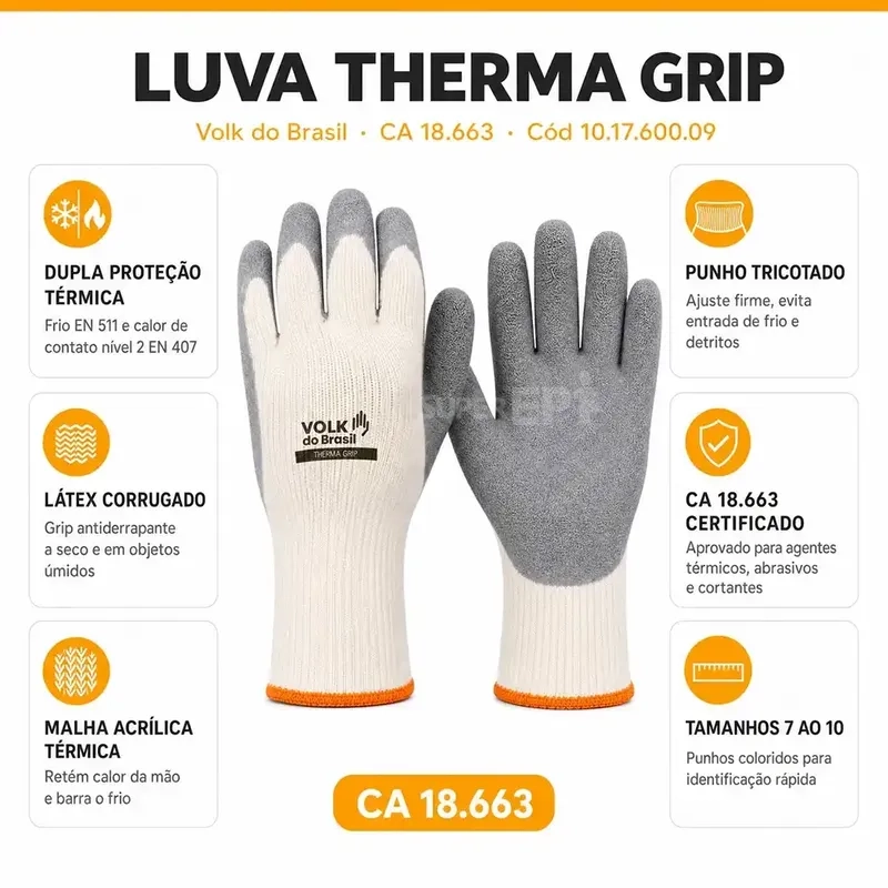Luva Térmica Volk Therma Grip Frio e Calor de Contato Até 250º em Látex Antiderrapante 10.17.600.09 CA 18663