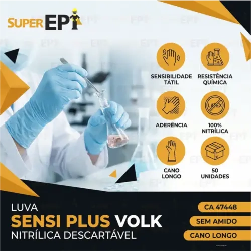 Luva Nitrílica Azul sem Talco Sensi Plus Volk Cano Longo Caixa 50 Unidades  CA 47448