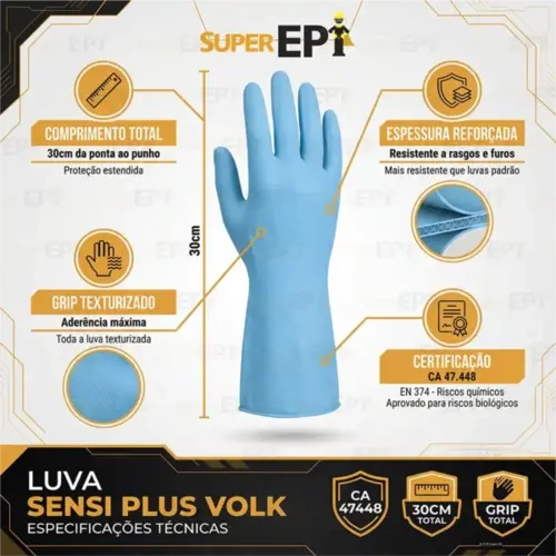 Luva Nitrílica Azul sem Talco Sensi Plus Volk Cano Longo Caixa 50 Unidades  CA 47448