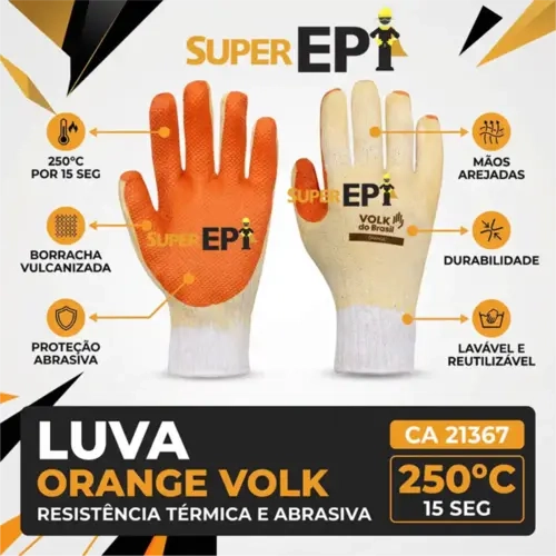 Luva de Segurança Orange Volk Ótima Resistência Abrasiva e Térmica 250º  CA 21367