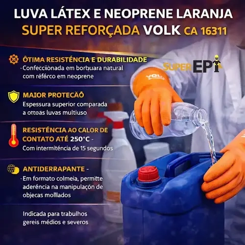 Luva de Proteção Látex e Neoprene Volk Super Reforçada Térmica, Química e Impermeável 250º CA 16311