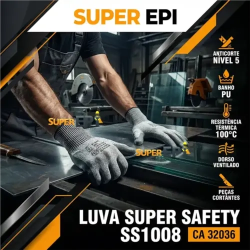 Luva Anti-Corte Nível 5 Com Banho PU Super Safety SS1008 CA 32036