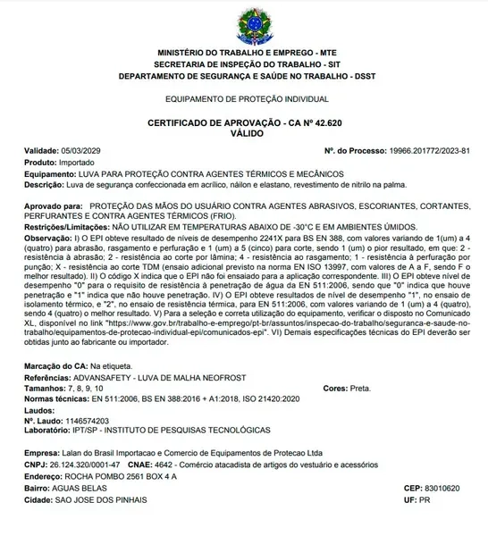 Luva Neofrost Térmica -30º Para Baixa Temperatura Com Banho Nitrílico Lalan CA 42620