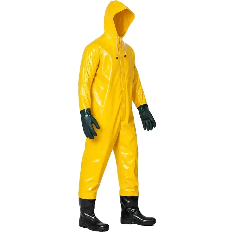 Macacão de Saneamento Brascamp 885-T Amarelo Trevira KP 500 com PVC Proteção Química Tipo 6 Luvas e Botas Acopladas Solda Eletrônica CA 28445