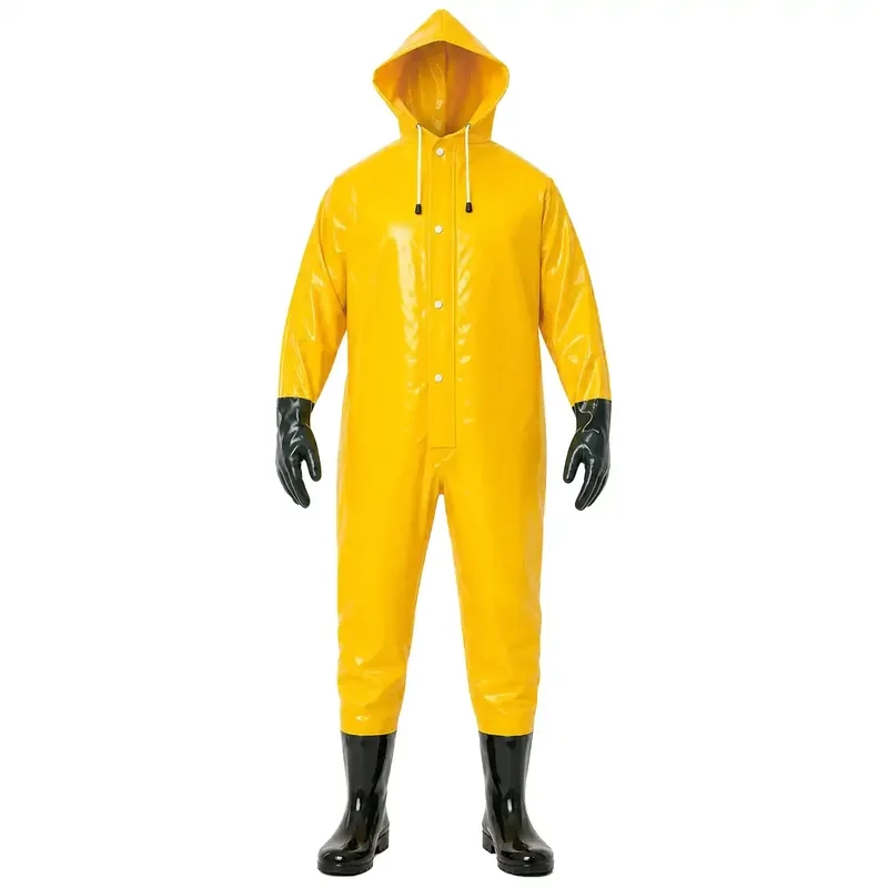 Macacão de Saneamento Brascamp 885-T Amarelo Trevira KP 500 com PVC Proteção Química Tipo 6 Luvas e Botas Acopladas Solda Eletrônica CA 28445