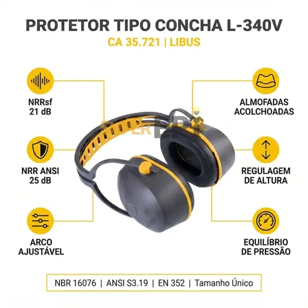 Abafador Auditivo Libus L-340 Tipo Concha 21Db Com Regulagem CA 35721