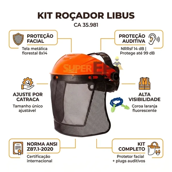 Kit Roçador Libus Protetor Facial Malha Florestal 8x14 ANSI Z87.1 + Auditivo Quantum NRRsf 14 dB 902813 CA 35.981