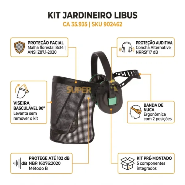 Kit Jardineiro Libus Protetor Facial Malha Florestal + Auditivo Concha Alternative 17dB ANSI Z87.1 CA 35935