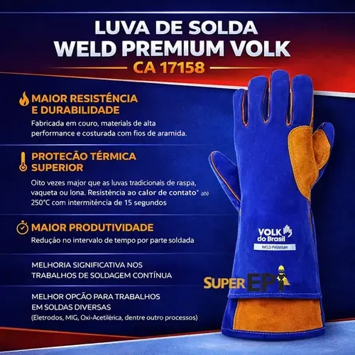 Luva de Segurança Weld Premium Volk Ideal Para Solda Até 250º Modelo 10.75.021.31 CA 17158