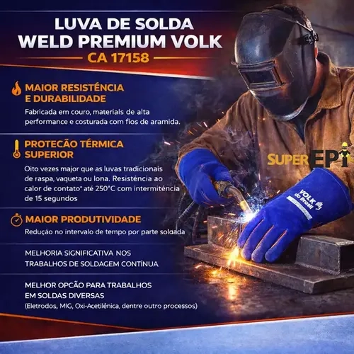 Luva de Segurança Weld Premium Volk Ideal Para Solda Até 250º Modelo 10.75.021.31 CA 17158