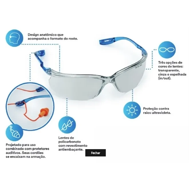 Óculos de Proteção 3M Virtua CSS Incolor Compatível Com Protetor Auricular CA 34611
