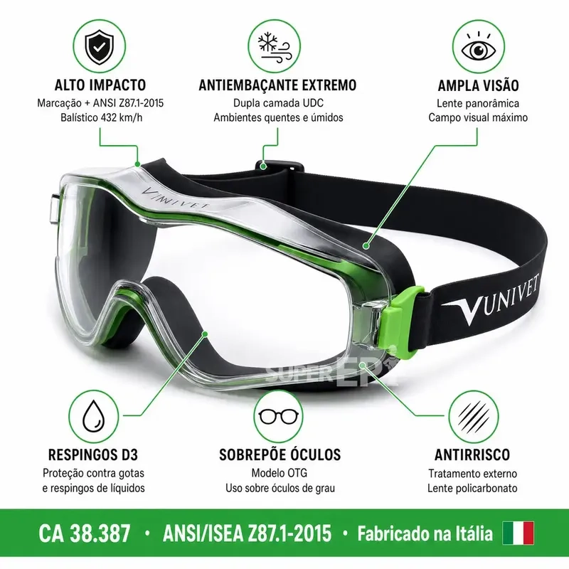 Óculos de Proteção Ampla Visão Univet 6X3 Antiembaçante Extremo Incolor Alto Impacto de Sobrepor 6X3.00.00.00 CA 38.387