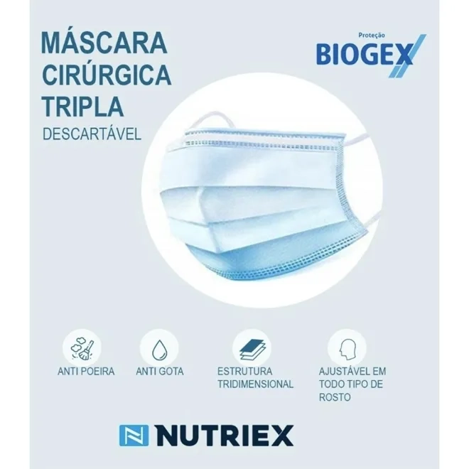 Máscara Cirúgica Tripla Elástico Nutriex Biogex Aprovada Para Ambiente Hospitalar 10 Unidades